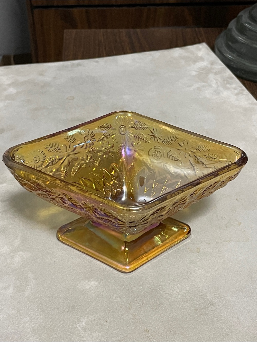 Carnival Glass iridescent Marigold Floral Footed Candy Dish Indiana Glass 6 1/4”